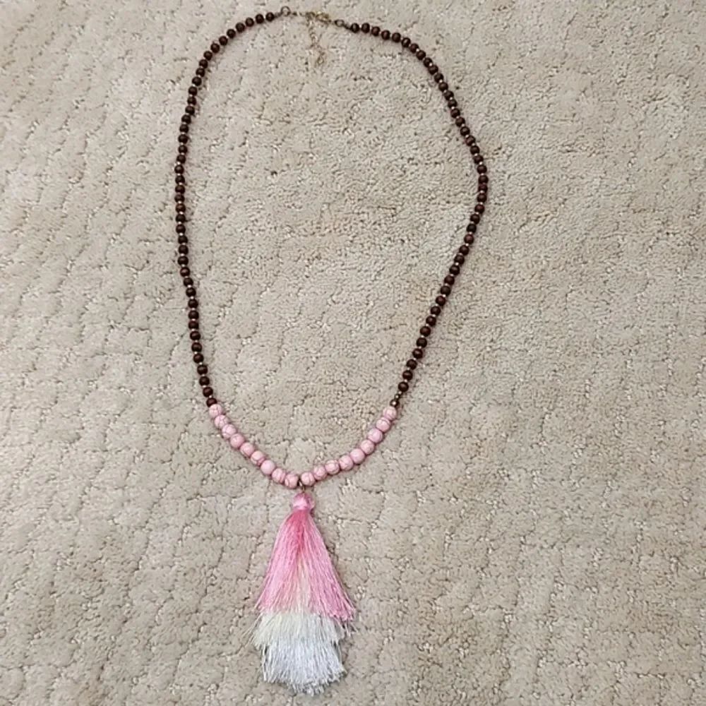 Natural Bead Tassel Pendant Necklace Boho Coastal Casual